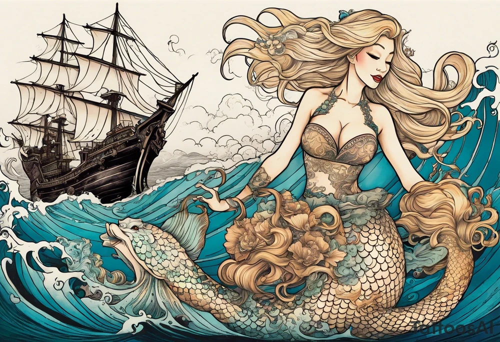 Beautiful blond mermaid riding a giant octopus with her young merman son in the ocean with a pirate ship in the distance tattoo idea
