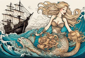Beautiful blond mermaid riding a giant octopus with her young merman son in the ocean with a pirate ship in the distance tattoo idea