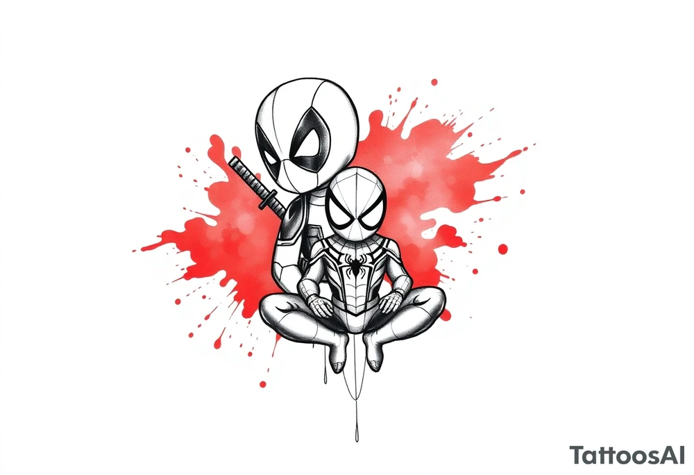 A vertical stacked tattoo design for a half-sleeve on a white background. At the top is a chibi Deadpool character in a bold ink sketch style. At the bottom is a chibi Spider-Man character sitting cross-legged in a loose pencil sketchbook style. High contrast black and grey shading. The two characters are connected by loose, energetic sketch lines and a thin spiderweb thread hanging between them. Dramatic, stylized splashes of bright, vibrant watercolor red ink splatter bursting out around both characters' suits, bleeding into the negative space. Tattoo flash sheet style, crisp linework. tattoo idea