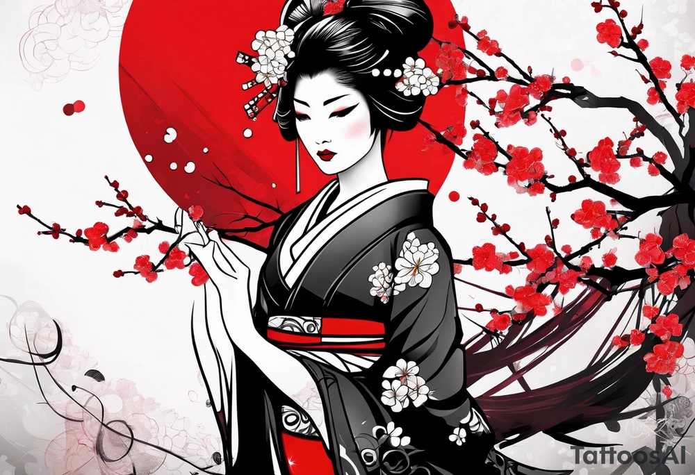trash polka cyber geisha red sun cherry blossoms tattoo idea