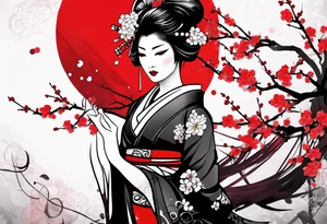 trash polka cyber geisha red sun cherry blossoms tattoo idea