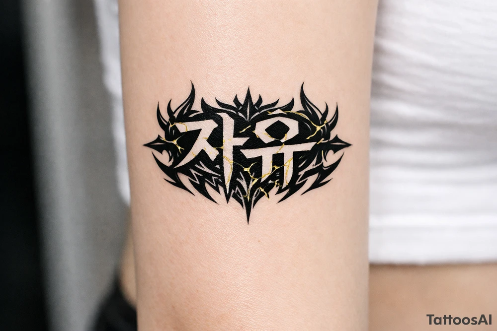 free written in korean with kpop demon hunters patterns, have it evoke the styling of korean writing and incorporate golden joinery less symetrical tattoo idea