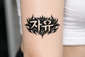 free written in korean with kpop demon hunters patterns, have it evoke the styling of korean writing and incorporate golden joinery less symetrical tattoo idea
