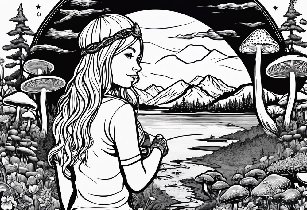 Whole picture encircled fully

Straight long blonde hair hippie girl in distance holding mushrooms in hand facing away toward mountains and creek surrounded by mushrooms long sleeve shirt and hiking pants; whole rendering within a full circle, no cut off circle tattoo idea