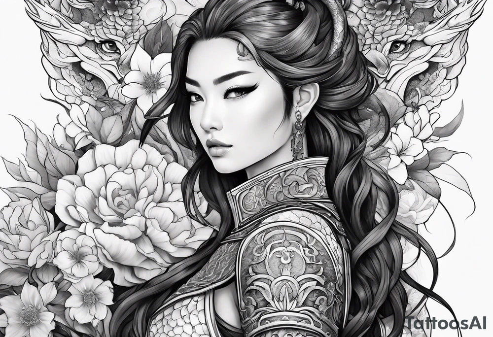 beautiful warrior woman wearing dragon armor and a floral background tattoo idea