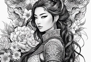 beautiful warrior woman wearing dragon armor and a floral background tattoo idea