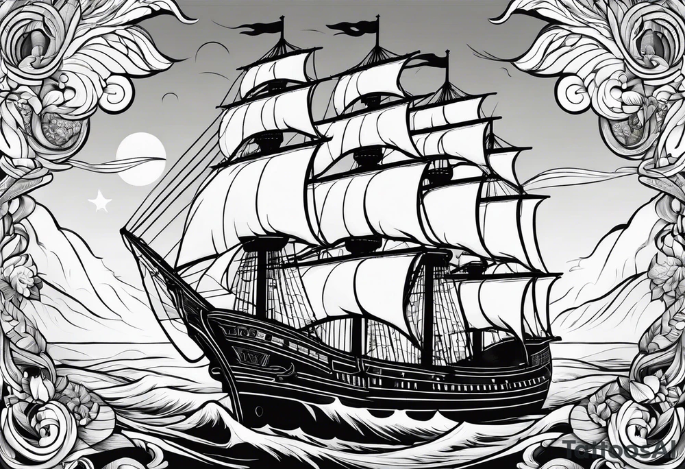 huge wooden ship with sun tattoo idea