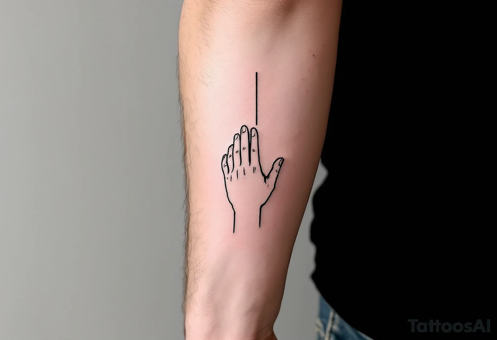 Minimalistic black line tattoo of a simple hand outline reaching toward a thin ray of light, clean and abstract design tattoo idea