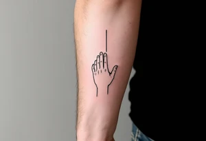 Minimalistic black line tattoo of a simple hand outline reaching toward a thin ray of light, clean and abstract design tattoo idea