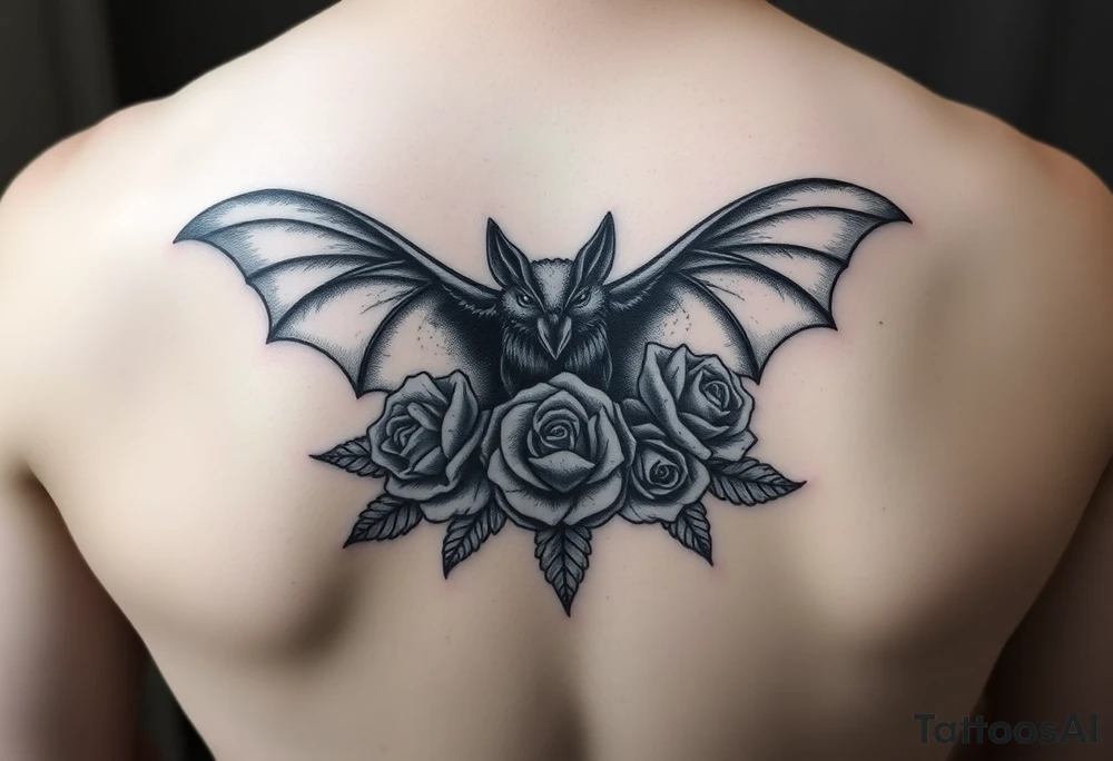 bat with / rose flowers tattoo idea