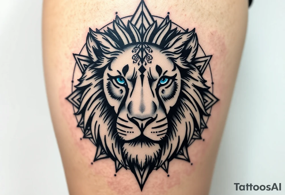 Lions face in a more realism style. Placement is on the back of the leg. Blend elements of curiosity and exploration through nature elements (forest, water, etc). Also add in geometric patterns around the lion. Make the eyes blue. Hide the date 03.12.2025 in Roman numerals somewhere in the geometric patterns. Think real hard and creatively tattoo idea