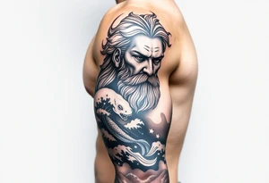 Full left arm tattoo sleeve with the Greek gods, Zeus. Zeus' face is at the left shoulder, and the Corinthian at the bicep. On the Left forearem will have Japanese style waves with Koi fish tattoo idea