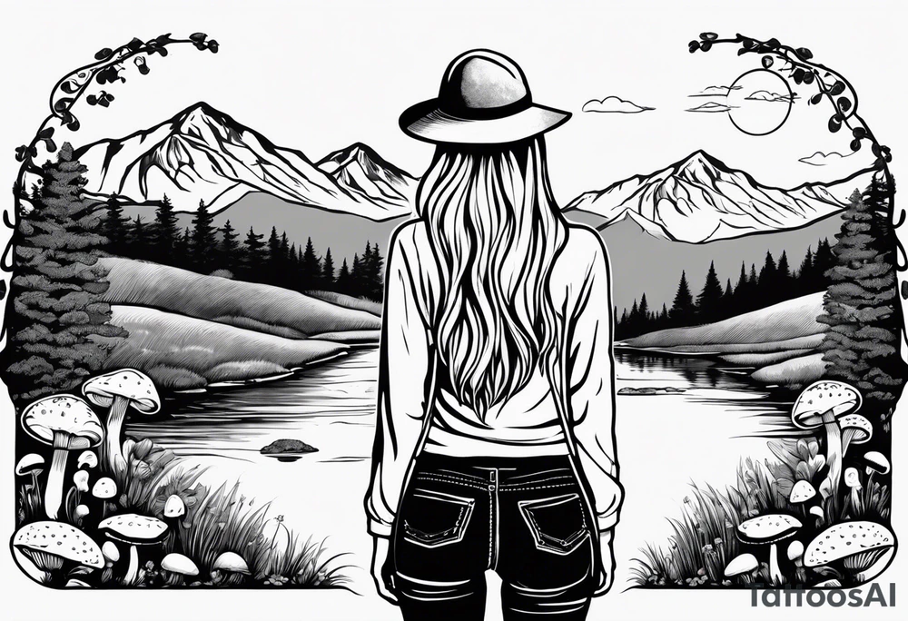 Whole picture encircled fully

Straight long blonde hair hippie girl in distance holding mushrooms in hand facing away toward mountains and creek surrounded by mushrooms long sleeve shirt and hiking pants; whole rendering within a full circle, no cut off circle tattoo idea