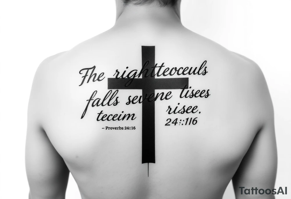 A top-of-forearm vertical tattoo stencil layout. A large, bold, solid black minimalist Christian cross acts as the central background anchor running the entire length of the design. Weaving gracefully over and around the hard lines of the cross is the full bible verse written in a heavy, legible Chicano-style cursive lettering: "For the righteous falls seven times and rises again. Proverbs 24:16". High-contrast blackwork, sharp linework, crisp text, on a completely blank stark white backdrop with zero clouds and zero gradient backgrounds. tattoo idea