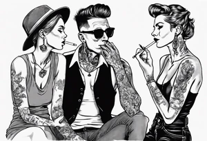 Image with one man and one woman, both without hats and glasses. A man with earrings in his ears stands smoking a cigarette, a woman sits with her legs wide apart tattoo idea