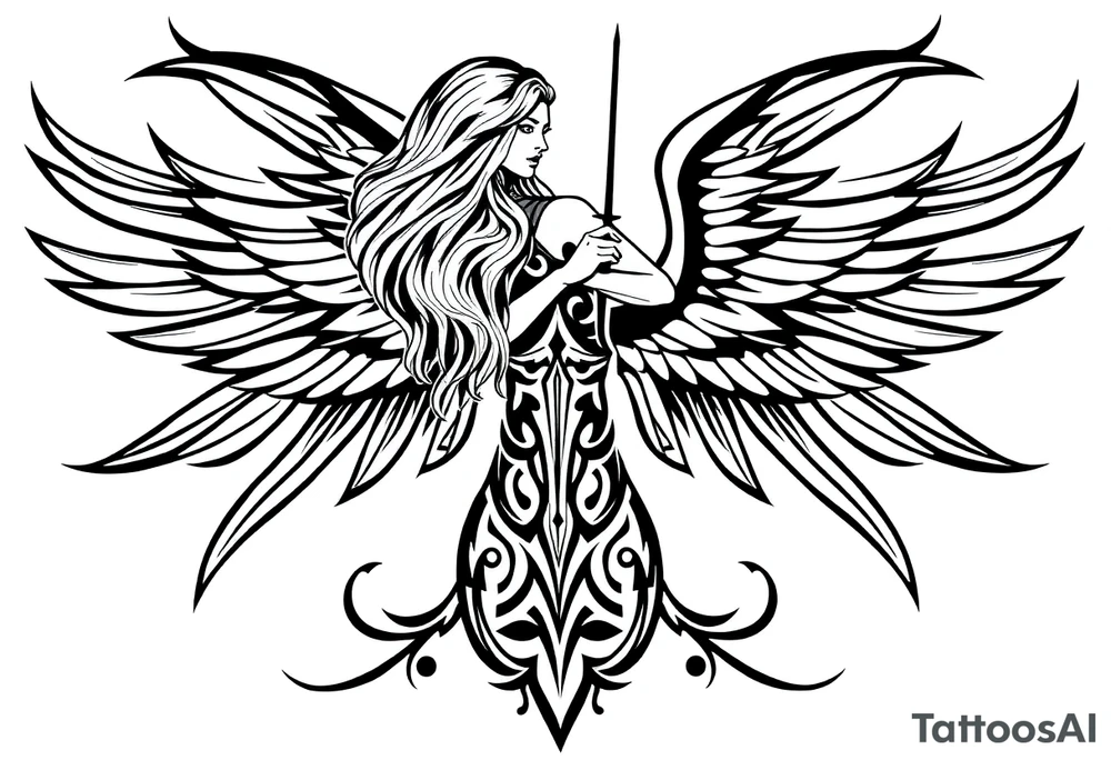 femme blonde cheveux long ondulé, un genou au sol  en armure de chevalier tenant épée vers le bas et de grandes ailes d'anges déployées tattoo idea