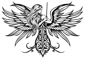 femme blonde cheveux long ondulé, un genou au sol  en armure de chevalier tenant épée vers le bas et de grandes ailes d'anges déployées tattoo idea