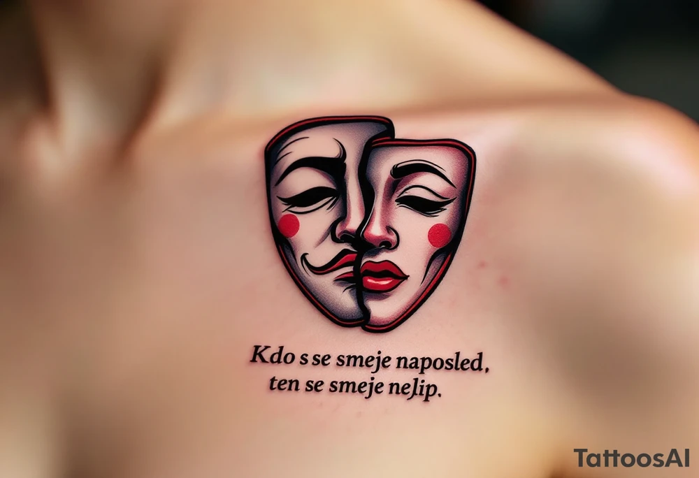 "Kdo se smeje naposled, ten se smeje nejlip." — A stylized theater mask half-laughing, half-serious in contrasting black and red, with the proverb underneath in bold lettering. tattoo idea