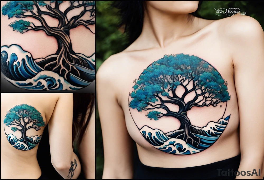 A tattoo of an abstract Tree of Life tattoo to be placed directly on the bicep of a woman. It can wrap around the arm a little. It should have roots growing out of the bottom. The roots slowly turn into water from the Great Wave by Hokusai. A golf flag should be placed discreetly growing out of the ground. 2 license plate tags should be hanging from the tree. Place a few music notes in the areas the leaves should be. The letters A U should be engraving into the tree trunk in a heart. tattoo idea