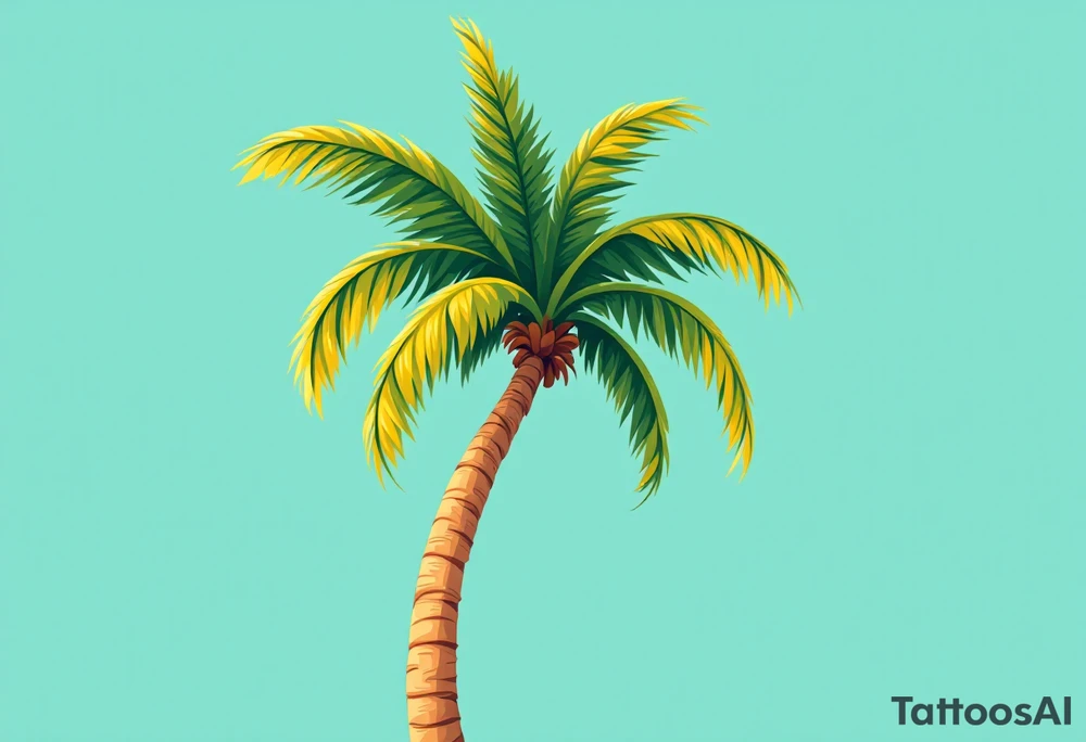 A tall, slender palm tree with a textured sandy-brown trunk and wide, vibrant green fronds gently arching outward, set against a clear turquoise sky with golden sunlight highlighting the leaf edges. tattoo idea