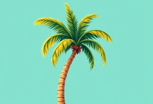 A tall, slender palm tree with a textured sandy-brown trunk and wide, vibrant green fronds gently arching outward, set against a clear turquoise sky with golden sunlight highlighting the leaf edges. tattoo idea