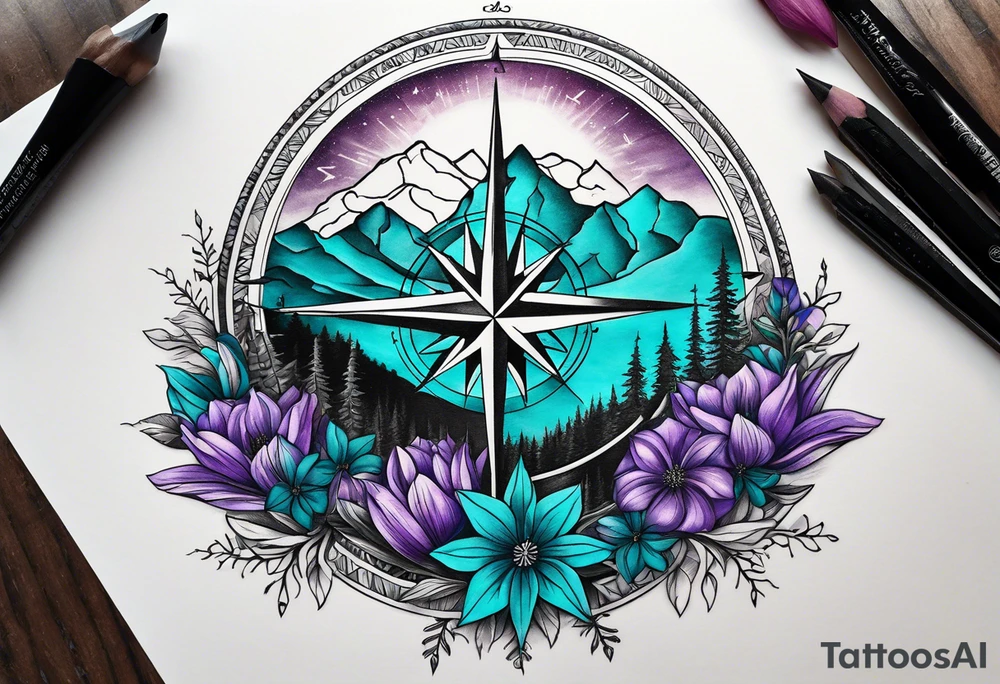Compass rose rising like a sunrise behind a mountain. In front of the mountain, there are teal and purple flowers. Tattoo is half sleeve on the shoulder tattoo idea