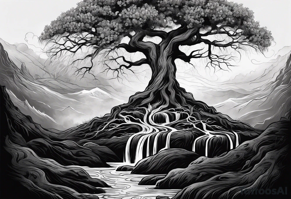 a narrow tree with roots with the text of "Deep roots are not reached by the frost." around it tattoo idea