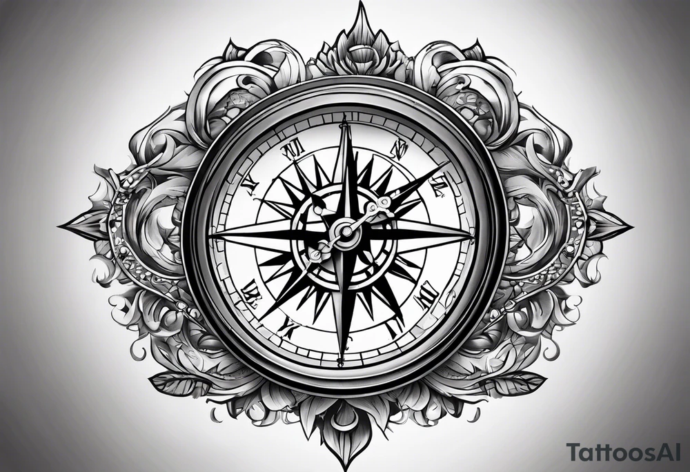 combination of a floating nautical compass and a old school clock face tattoo idea