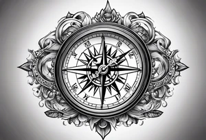 combination of a floating nautical compass and a old school clock face tattoo idea