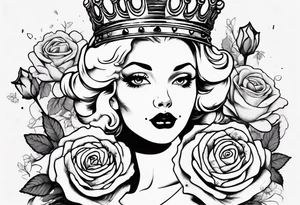 pin-up queen of hearts with a crown, immersed in rose flowers tattoo idea