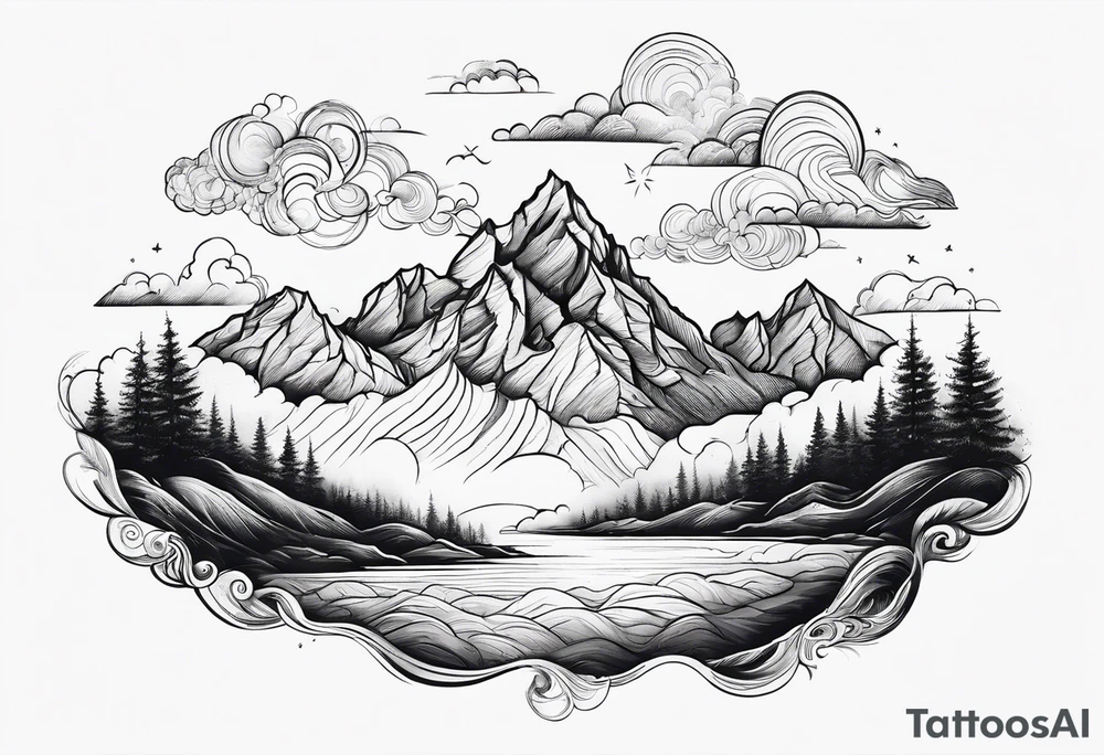 Mountain Range coming Out of the sea and Clouds. Sunrise in a night Sky above the Mountains. tattoo idea