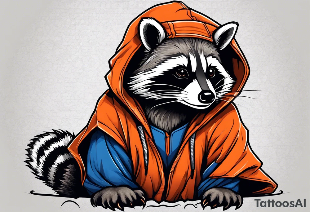 Raccoon wearing an orange Superman hoodie tattoo idea
