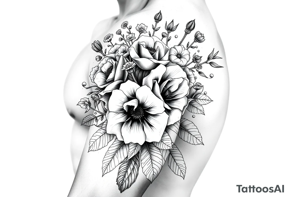 vintage bouquet of wild roses and meadow flowers with morning dew tattoo idea