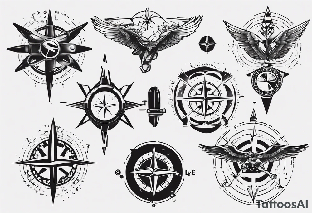 skydiving, shooting guns, compass, adventure tattoo idea