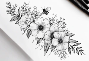 Verticle arm wrap of dainty flowers and leaves with bee forearm tattoo idea