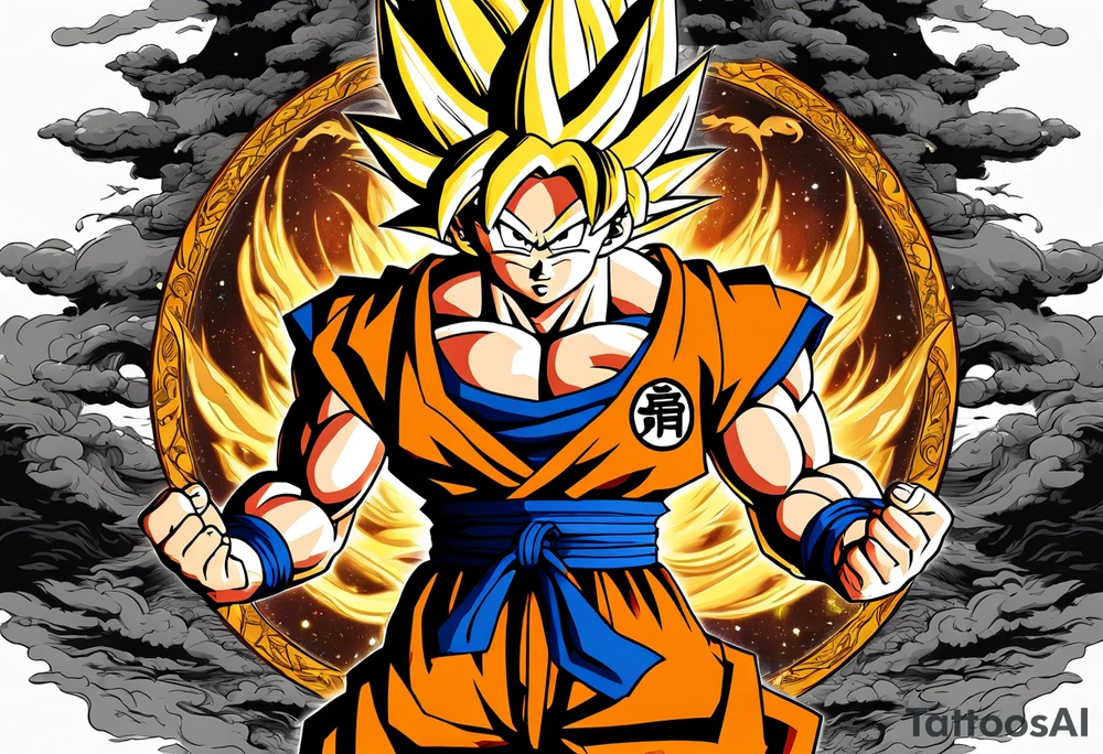 Son-Goku as a super saiyajin . A huge dragonball surrounds the whole scenery. Gokus friends are surrounding him as shadows tattoo idea