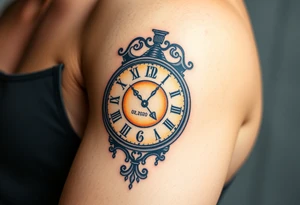 A timeless grandfather clock with delicate engravings, with the birth time and date "02. 03. 2020" glowing in soft golden light, in warm sepia and gold hues tattoo idea