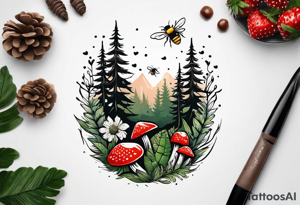 forest floor inspired minimalist tattoo, which includes grass, curly ferns and dead leaves as the bulk of the tattoo. details to include: three very tiny strawberries, a tiny bumblebee flying nearby, three small brown mushrooms tattoo idea