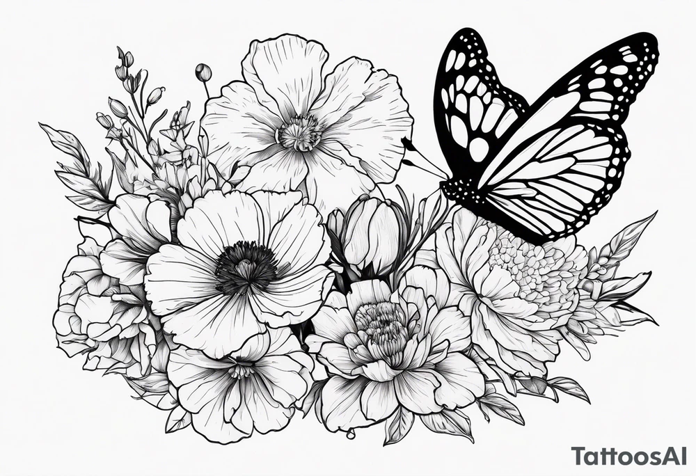 A flower bouquet of carnation, poppy, lily valley, larkspur, aster and marigold and then a butterfly tattoo idea