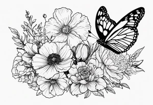 A flower bouquet of carnation, poppy, lily valley, larkspur, aster and marigold and then a butterfly tattoo idea