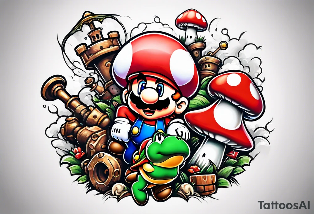 Mario brothers with toadstool and cannons and bombs tattoo idea