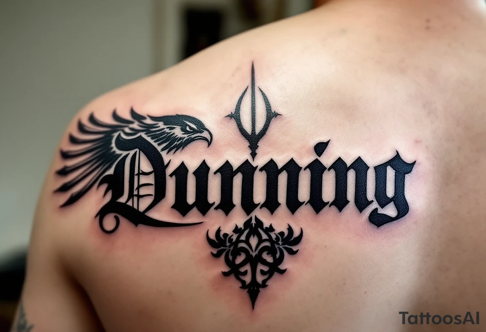 Dunning, details include Sharp falcon wing, manly bold roman font,tribal design tattoo idea