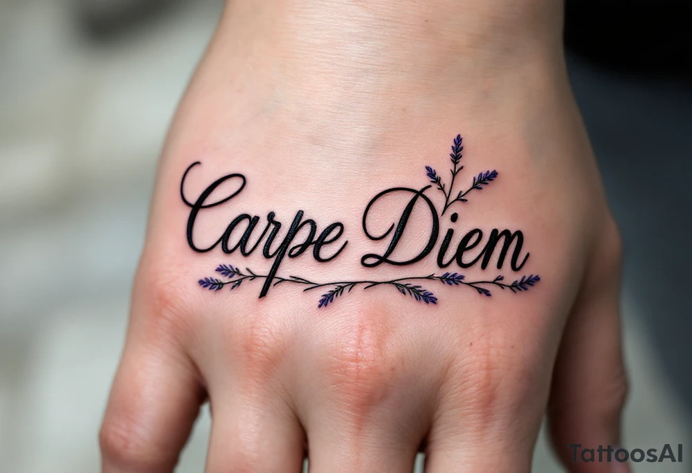 Fine-line cursive "Carpe Diem" in charcoal gray, with lavender sprigs entwined around the letters. tattoo idea