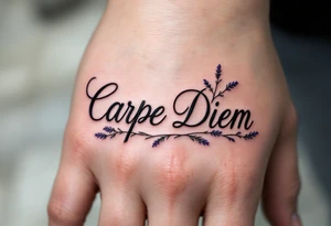 Fine-line cursive "Carpe Diem" in charcoal gray, with lavender sprigs entwined around the letters. tattoo idea