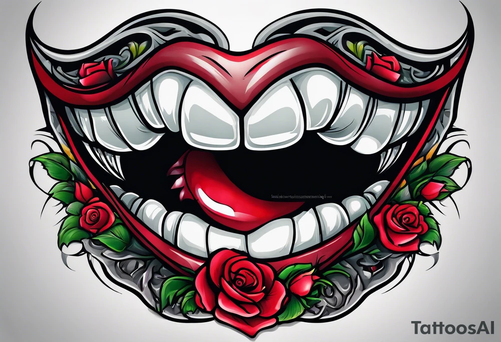 Sexy vampire mouth biting rose tattoo idea