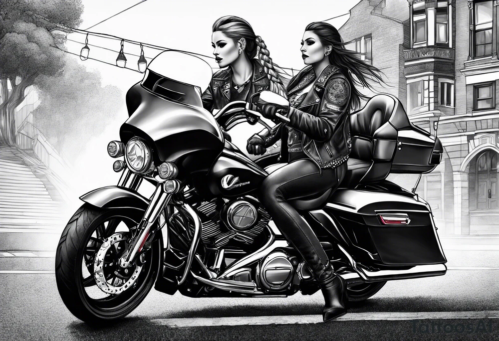 Bikergirl with dutch braids tattoo idea