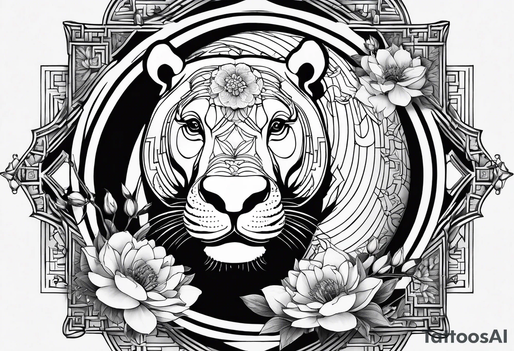 Very asymmetrical, +geometric pattern, with realistic full moon, with seeious looking hippo, +zen feel, + Buddhism touch,
with wintersweet flower bud, +portrait orientation, +inkart touch, tattoo idea