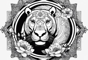 Very asymmetrical, +geometric pattern, with realistic full moon, with seeious looking hippo, +zen feel, + Buddhism touch,
with wintersweet flower bud, +portrait orientation, +inkart touch, tattoo idea