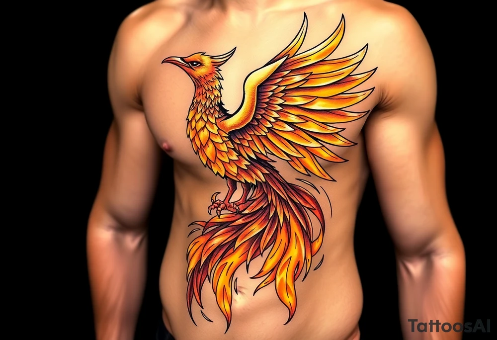 magnificent phoenix rising from golden flames with trailing embers tattoo idea