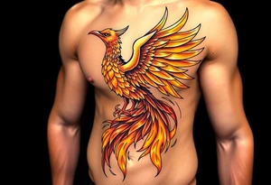 magnificent phoenix rising from golden flames with trailing embers tattoo idea